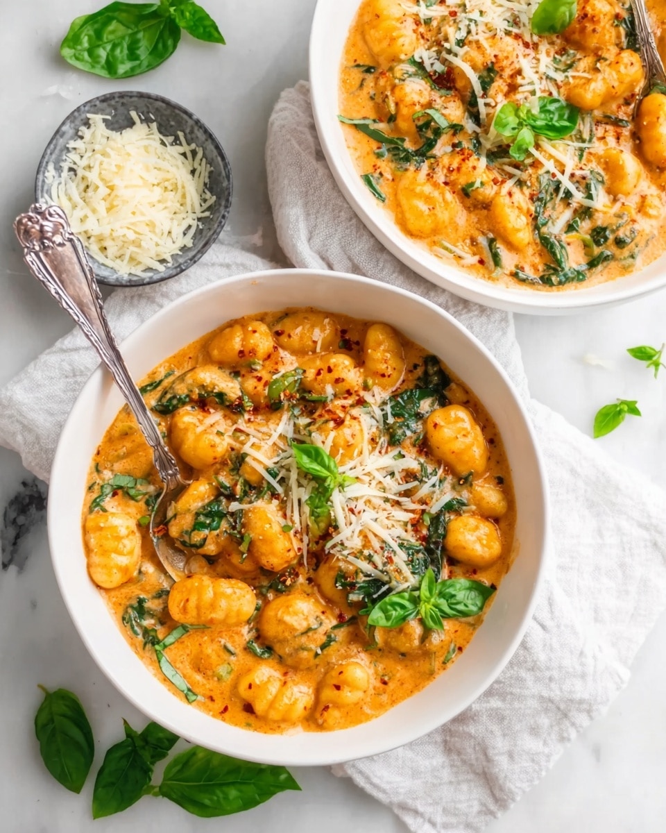 The image shows two white bowls filled with a creamy orange sauce dish, with three layers visible: at the bottom, there are gnocchi pieces coated in the sauce, followed by a middle layer of wilted green spinach leaves mixed in, and the top layer has garnishing of shredded white cheese and small fresh green basil leaves. One bowl is closest, showing a silver spoon resting inside it, while the second bowl is slightly behind. The bowls are placed on a white cloth on a white marbled surface, with scattered basil leaves nearby. Photo taken with an iphone --ar 4:5 --v 7