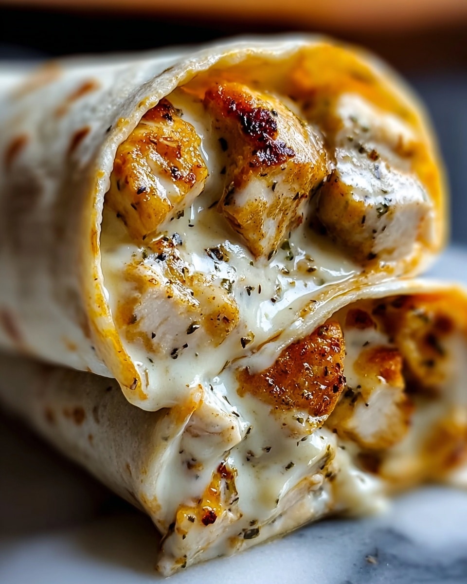 A close-up view of a wrap showing its filling clearly, made up of creamy white sauce with specks of black pepper, enveloping bite-sized pieces of golden-brown cooked chicken with a slightly crispy texture, all wrapped inside a soft, thin, lightly toasted white tortilla that is rolled tightly. The wrap is placed on a white plate with a white marbled surface background, focusing on the rich, saucy texture and warm colors of the filling. photo taken with an iphone --ar 4:5 --v 7