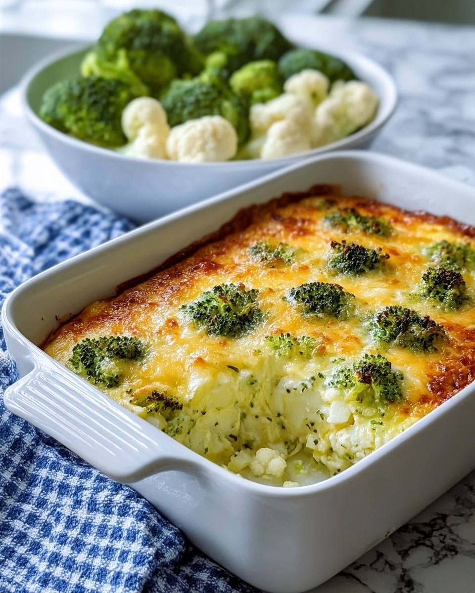 A white rectangular dish holds a baked broccoli and cheese casserole with a golden-brown top layer that looks slightly crisp and bubbly, dotted with green broccoli florets. Inside, there is a creamy, cheesy middle layer mixed with cauliflower and broccoli pieces, soft and moist with a slightly fluffy texture. Behind the casserole, a white bowl contains bright green broccoli and pale cauliflower florets, slightly blurred, sitting on a white marbled surface with a blue and white checkered cloth nearby. photo taken with an iphone --ar 4:5 --v 7