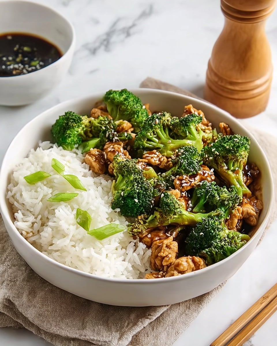 A white bowl is filled with two main layers: on one side, fluffy white rice topped with a few sliced green onions, and on the other side, bright green broccoli florets mixed with small pieces of cooked brown chicken, sprinkled with white sesame seeds. The broccoli and chicken have a shiny texture from a dark sauce coating them. The bowl sits on a folded beige cloth, placed on a white marbled surface. In the background, there is a small white bowl filled with a dark sauce and a wooden pepper grinder. Wooden chopsticks rest beside the bowl. Photo taken with an iphone --ar 4:5 --v 7