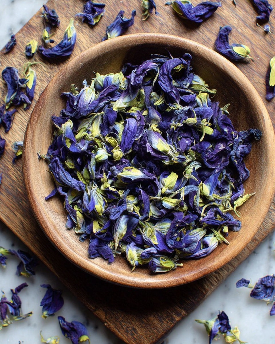 A wooden bowl filled with many dried butterfly pea flowers showing deep purple petals mixed with pale green stems and yellow highlights, the bowl sits on a wooden board, with some dried flowers scattered around it on a white marbled surface, giving a natural and rustic feel to the spread, photo taken with an iphone --ar 4:5 --v 7