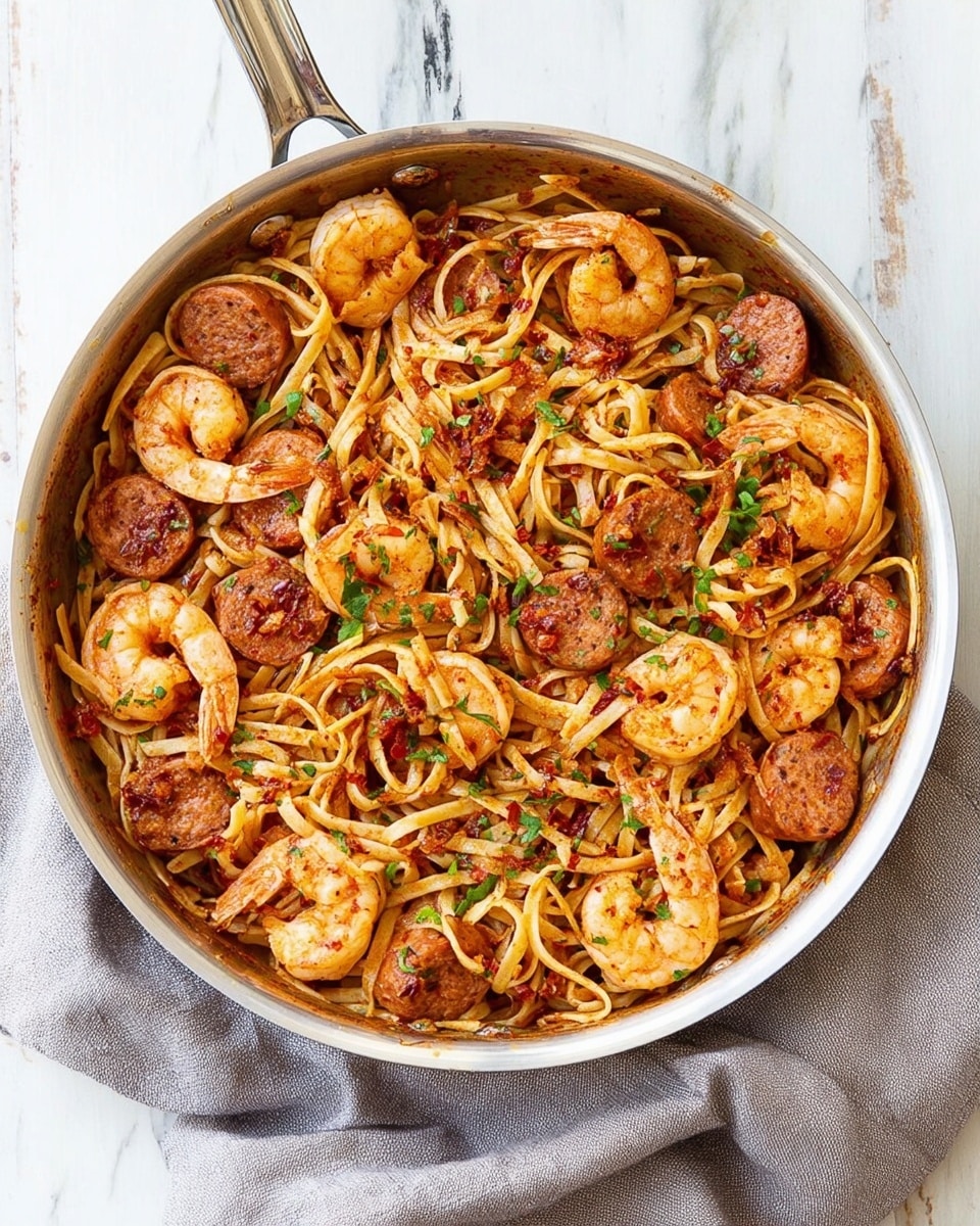 A large silver pan filled with a mix of long, twisted pasta noodles in a light reddish-brown sauce, scattered with small cooked shrimp that are pale pink with a slightly glossy texture, and round slices of browned sausage with a reddish hue. The dish is sprinkled with small pieces of chopped green herbs and some red spice flakes. The pan is placed on a gray cloth, all sitting on a white marbled surface. Photo taken with an iphone --ar 4:5 --v 7
