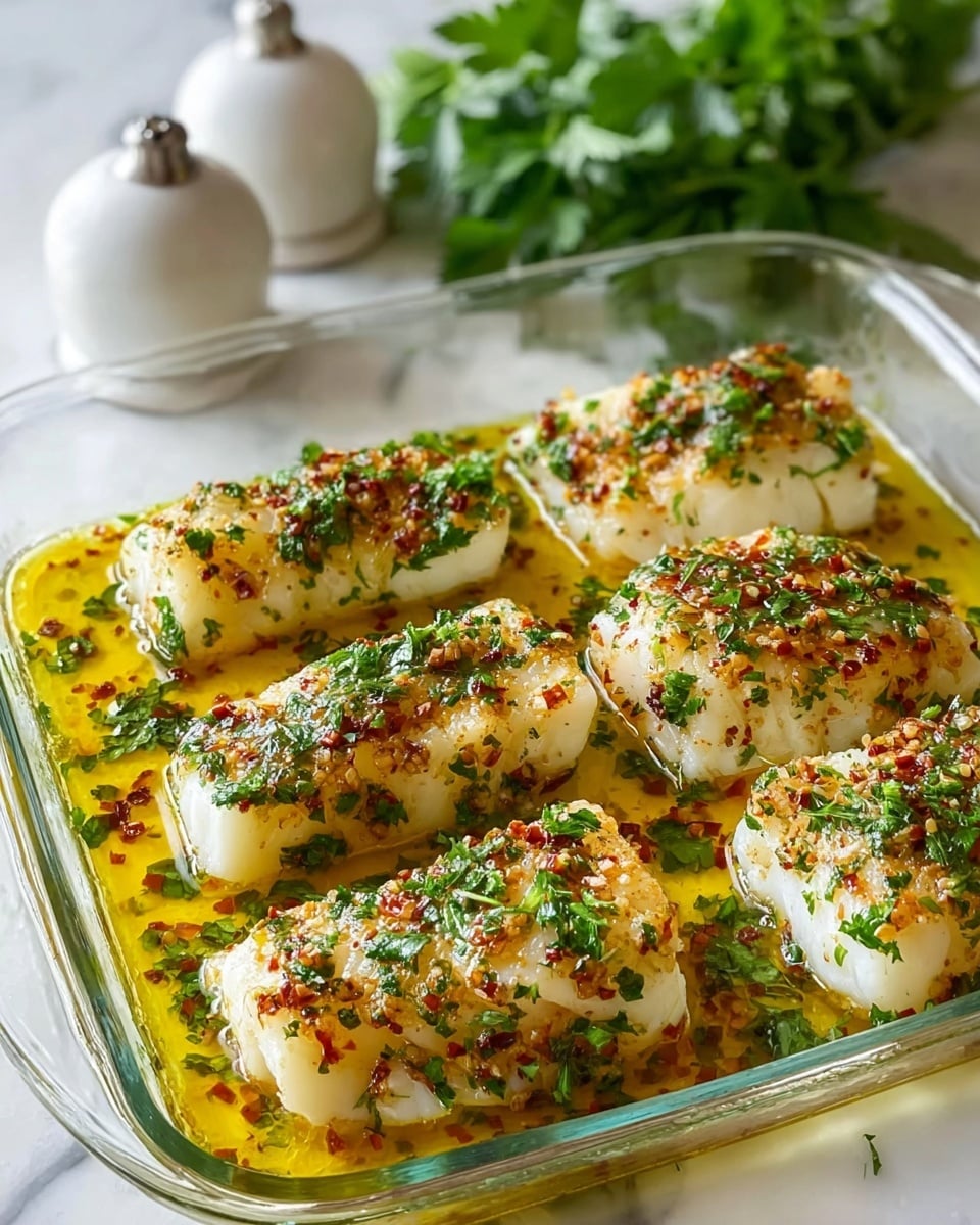 In a clear glass baking dish, there are six rectangular white fish fillets arranged in two rows. Each fillet is topped with a golden-brown herb crust made of chopped green parsley, minced garlic, and red chili flakes. The fillets sit in a shallow pool of yellow, oily sauce that has visible herb bits mixed in. The background shows a bunch of fresh parsley and blurred white salt and pepper shakers, all on a white marbled surface. photo taken with an iphone --ar 4:5 --v 7