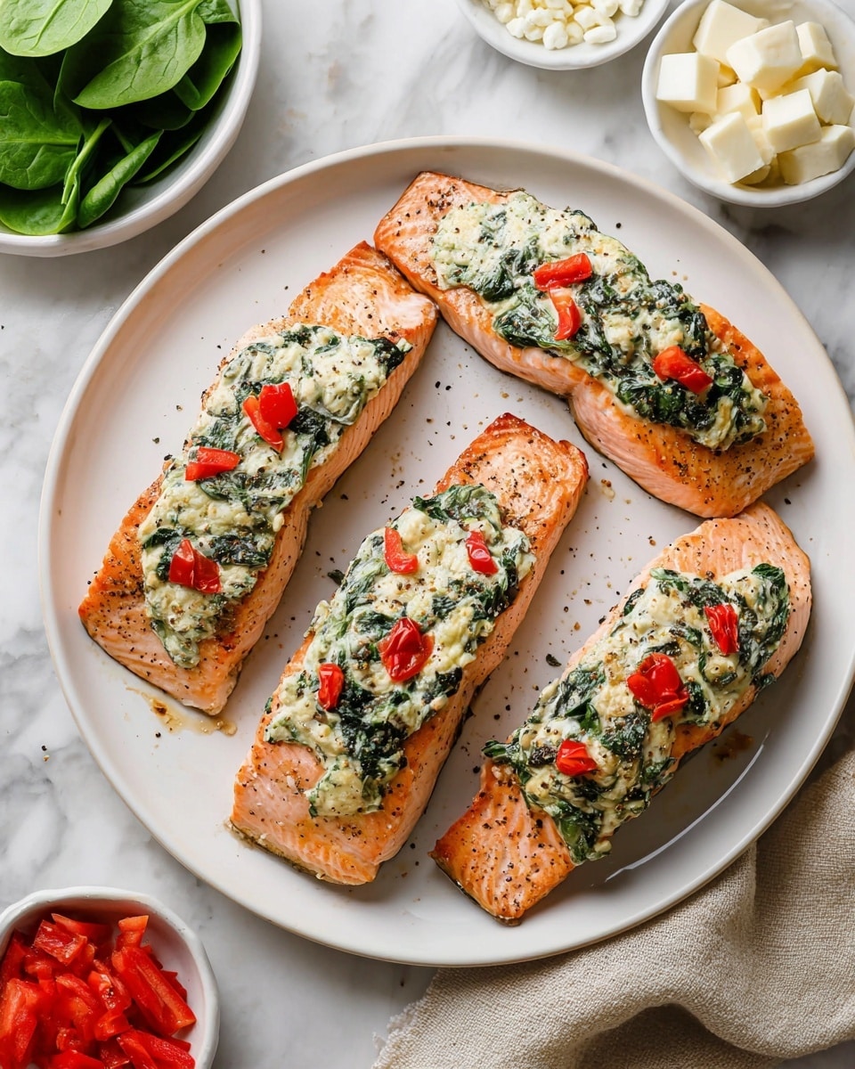Four pieces of salmon fillets lie on a large white plate. Each fillet has a visible layer of creamy mixture with green spinach and small red bell pepper pieces placed on the center top. The salmon is a soft orange-pink with a slightly grilled texture around the edges and a sprinkle of black pepper on top. Around the plate, there is a small white bowl with fresh spinach leaves, a small white bowl with chunks of white cheese, and another small white bowl with red bell pepper pieces. The whole setting is on a white marbled surface with a beige cloth napkin nearby. Photo taken with an iphone --ar 4:5 --v 7
