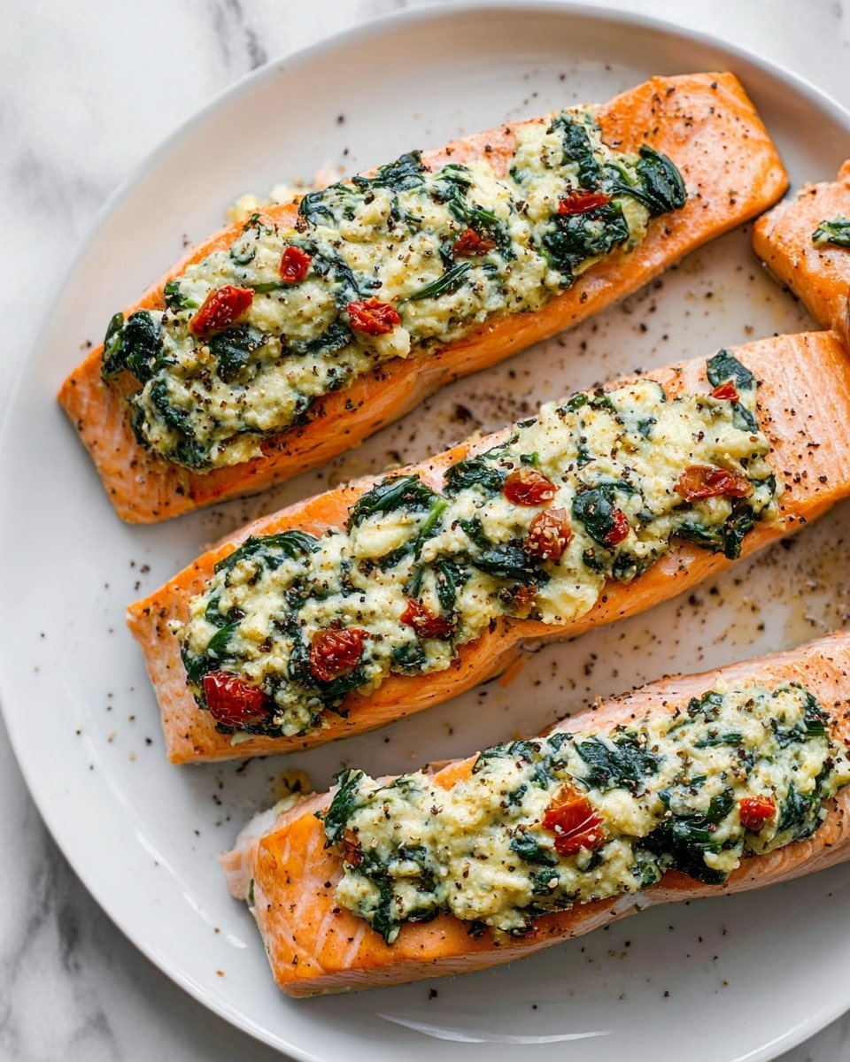 The image shows four cooked salmon fillets on a white plate, each topped with a textured mix of creamy cheese, green spinach, and small red tomato pieces. The salmon has a bright orange-pink color with visible flakes, and the topping is spread in a line across the middle of each fillet. Black pepper is sprinkled lightly over the salmon and plate. The plate rests on a white marbled surface. Photo taken with an iphone --ar 4:5 --v 7