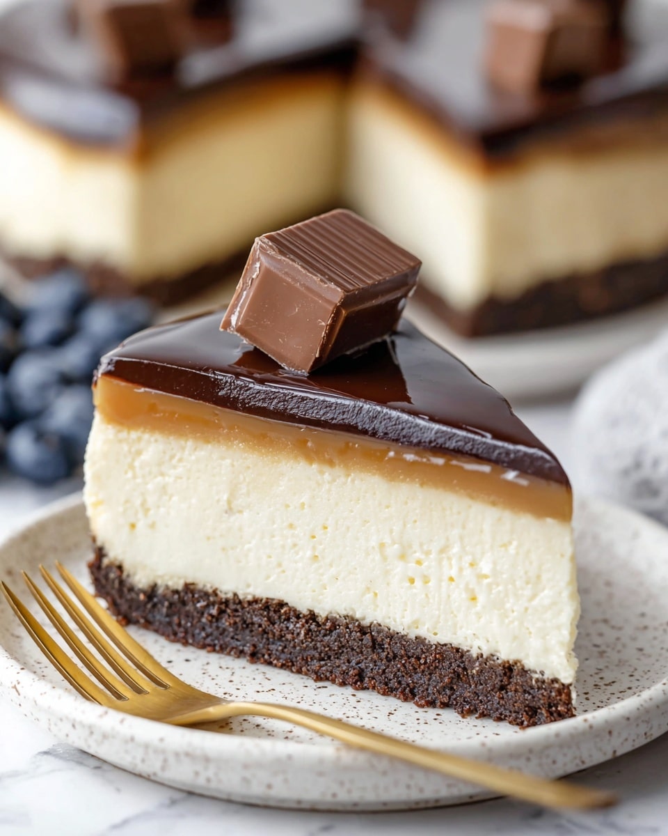 A slice of cheesecake with four clear layers is shown on a white plate with speckles. The bottom layer is a dark brown crumbly crust. Above it, a thick creamy off-white cheesecake layer with a smooth texture. On top of that is a thin caramel layer with a glossy finish. The topmost layer is a thick, shiny dark chocolate glaze, with two small square chocolate pieces placed on it. Next to the cheesecake, a gold fork lies on the plate. The background is a white marbled surface with blueberries blurred in the foreground and some other cheesecake slices blurred in the back. photo taken with an iphone --ar 4:5 --v 7