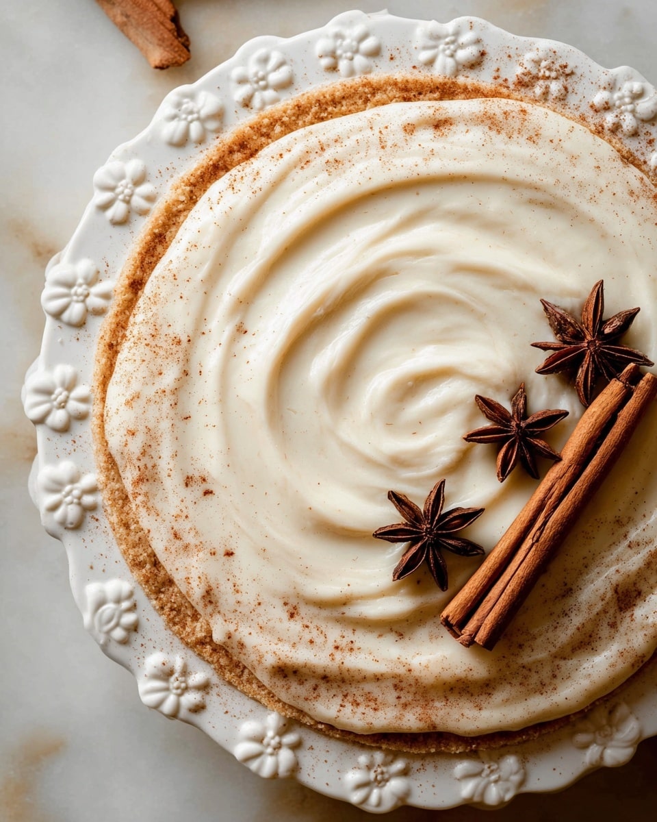 A creamy white pie with a smooth, swirled top layer filling is shown in a white plate with decorative edges sprinkled lightly with cinnamon powder, arranged around the rim. On the lower right side of the pie, there are two cinnamon sticks lying horizontally and vertically, accompanied by three dark brown star anise pods, adding texture and warmth to the composition. The pie crust is lightly golden with small detailed floral patterns along the border. The background is a white marbled surface. Photo taken with an iphone --ar 4:5 --v 7