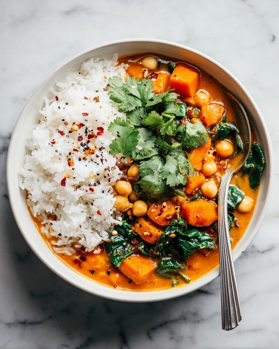A white bowl filled with two main layers: on one side, fluffy white rice sprinkled with small red chili flakes and black pepper; on the other side, a thick orange curry with chunks of soft orange sweet potatoes, whole light brown chickpeas, and dark green spinach leaves mixed throughout, topped with fresh green cilantro leaves. A silver spoon rests inside the bowl on the curry side. The bowl is placed on a white marbled surface. photo taken with an iphone --ar 4:5 --v 7