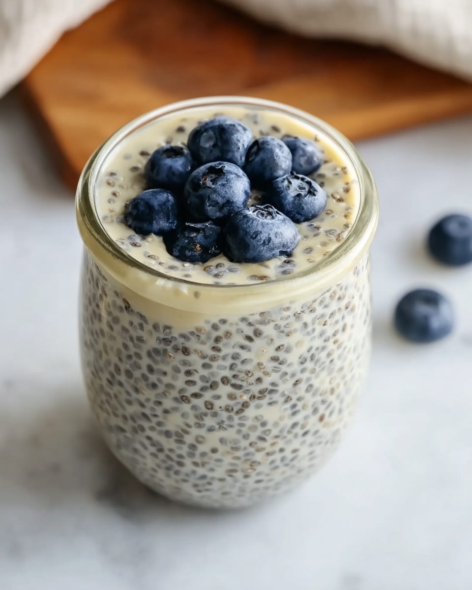 A glass jar filled with a creamy mixture of small black chia seeds soaked in a pale beige liquid, creating a speckled texture spread evenly throughout. On top, a cluster of seven plump, deep blue blueberries forms the single layer of garnish, standing out vividly against the lighter chia mixture below. The jar is placed on a white marbled surface with a blurred wooden board in the background and a few scattered blueberries nearby. Photo taken with an iphone --ar 4:5 --v 7