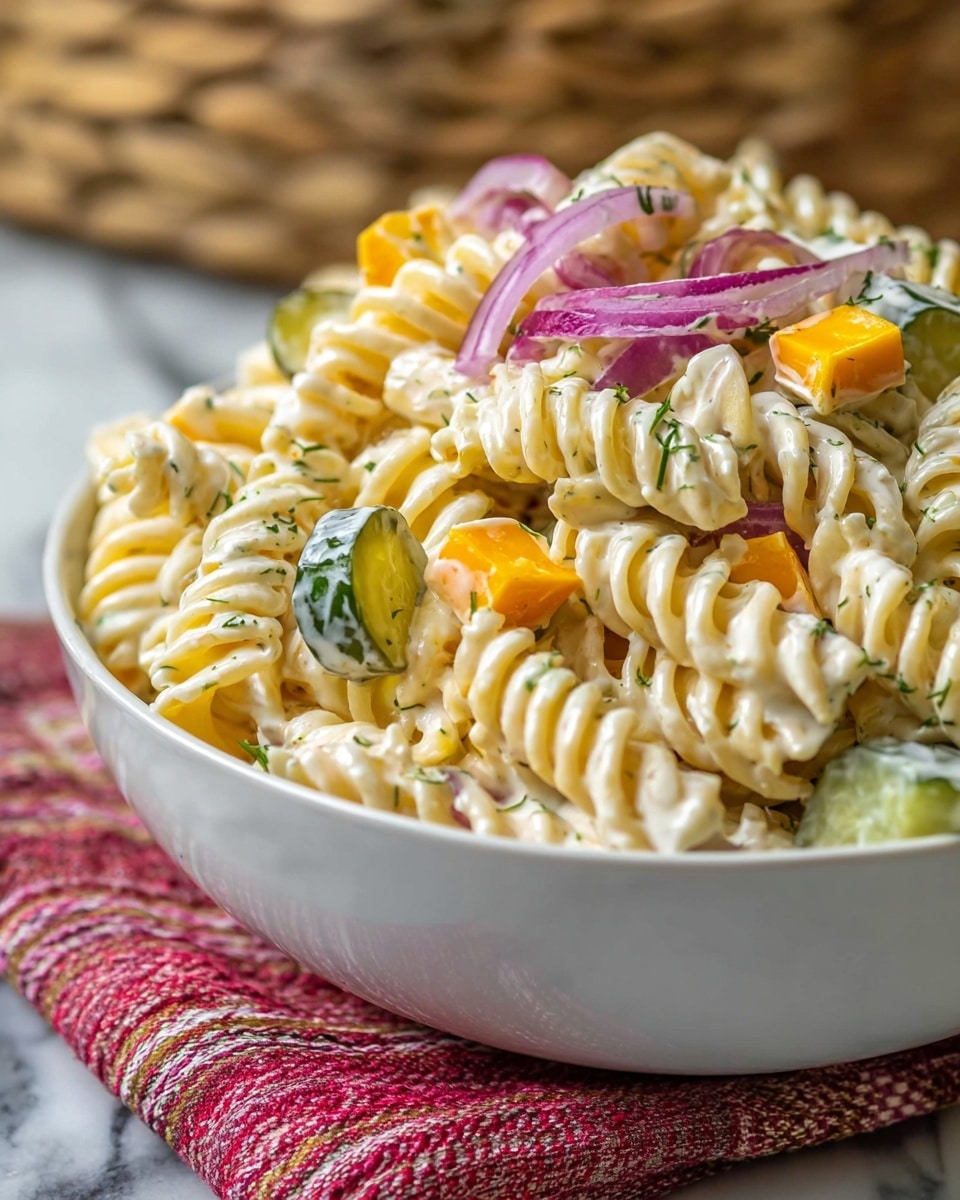A close-up view of creamy pasta salad served in a white bowl, showing twisted rotini pasta coated with a smooth, pale yellow dressing. The salad has scattered light green pickle slices, small cubes of orange cheddar cheese, and thin slices of purple-red onion on top. There are tiny green herb flecks sprinkled across the dish, and the bowl sits on a red and white cloth on a white marbled surface. The background is out of focus with a woven texture that adds depth to the image. Photo taken with an iphone --ar 4:5 --v 7