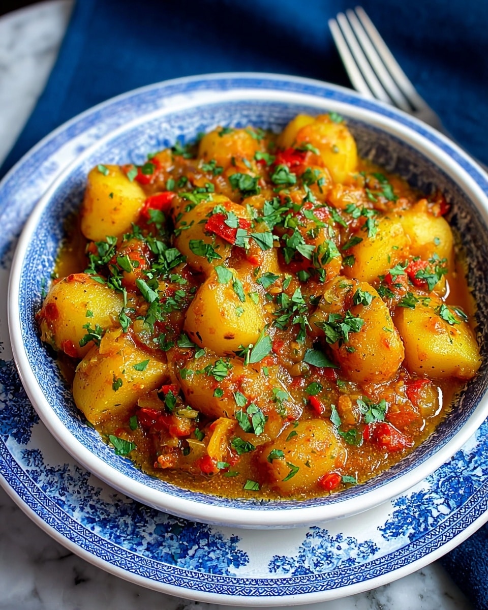 A white bowl filled with a thick stew featuring golden-yellow potato pieces cooked in a rich, orange sauce with visible red pepper chunks and diced onions. The stew is garnished with bright green chopped herbs scattered evenly across the top, adding a fresh contrast to the warm colors of the dish. The bowl is set on a white plate with a blue floral pattern, placed on a white marbled textured surface. Photo taken with an iphone --ar 4:5 --v 7