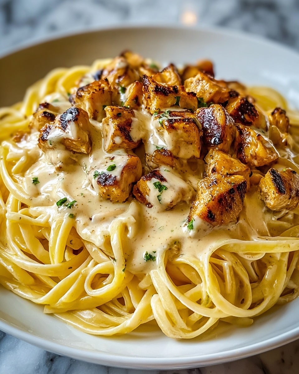 A white plate holds a nest of creamy, light yellow spaghetti as the bottom layer, smooth and glossy with a rich sauce coating each strand. On top, chunks of golden-brown grilled chicken with charred spots sit scattered, covered in a thick, light beige creamy sauce that blends with the pasta below. Small green herb pieces are sprinkled over the chicken, adding a fresh touch of color. The entire dish has a warm, inviting tone and rests on a white marbled surface. photo taken with an iphone --ar 4:5 --v 7