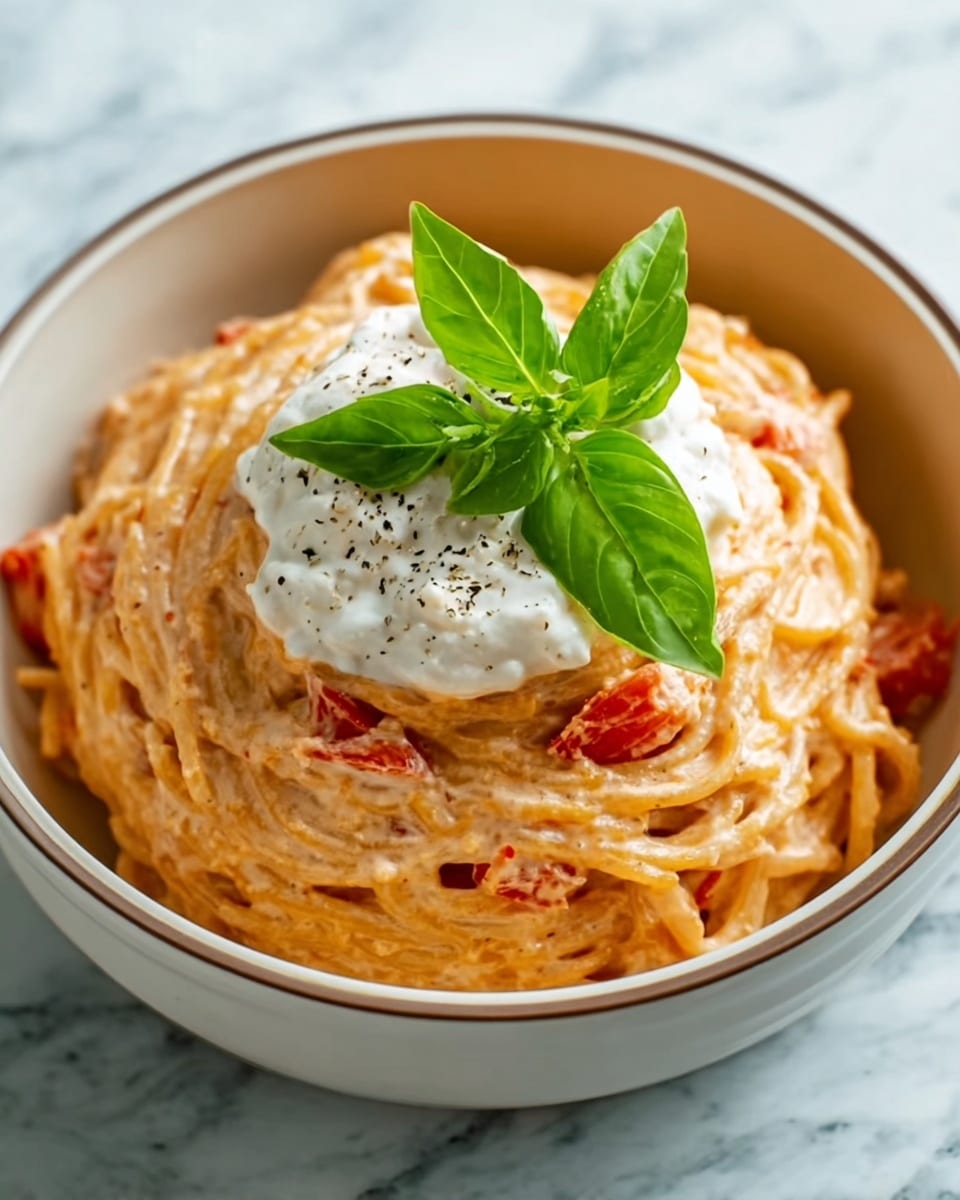 A bowl of creamy spaghetti is neatly twirled into one thick layer, showing a light orange sauce with small pieces of red tomato mixed throughout the noodles. On top, there is a dollop of white creamy cheese sprinkled with black pepper, adding texture contrast. A fresh bright green basil leaf with smooth edges sits right on the cheese, giving a fresh touch. The bowl is white with a simple design visible on its rim, and it sits on a white marbled surface. Photo taken with an iphone --ar 4:5 --v 7