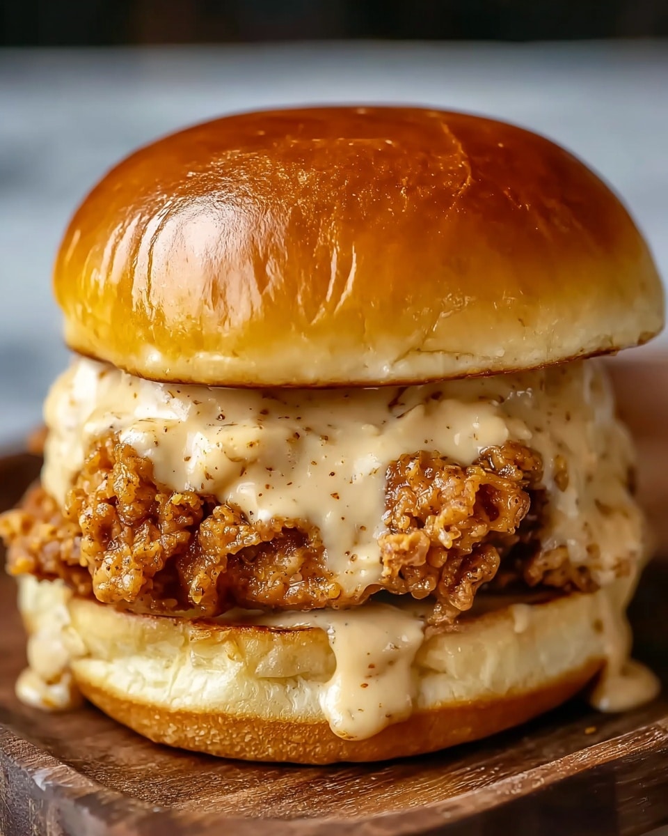 A close-up view of a fried chicken sandwich with three main layers. The bottom layer is a soft, white bun with a slightly toasted edge. On top of the bun sits a thick piece of crispy fried chicken coated in a golden brown crust with a rough texture. The chicken is covered in light beige creamy sauce with specks of spices, dripping slightly over the sides. The top layer is a shiny, smooth, golden brown bun that crowns the sandwich. The sandwich sits on a wooden surface with a white marbled texture blurred in the background. photo taken with an iphone --ar 4:5 --v 7