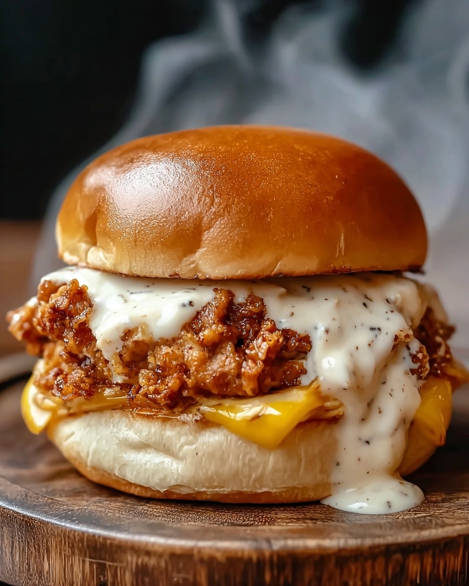 A close-up of a fried chicken sandwich with three main layers: a shiny golden-brown soft bun on top, a crispy fried chicken piece in the middle covered with creamy white sauce and melted yellow cheese, and another soft golden-brown bun at the bottom. The creamy white sauce with specks drips slightly over the sides, and steam rises from the sandwich indicating it is hot. The sandwich is placed on a rustic wooden surface with a blurred white marbled texture background. photo taken with an iphone --ar 4:5 --v 7