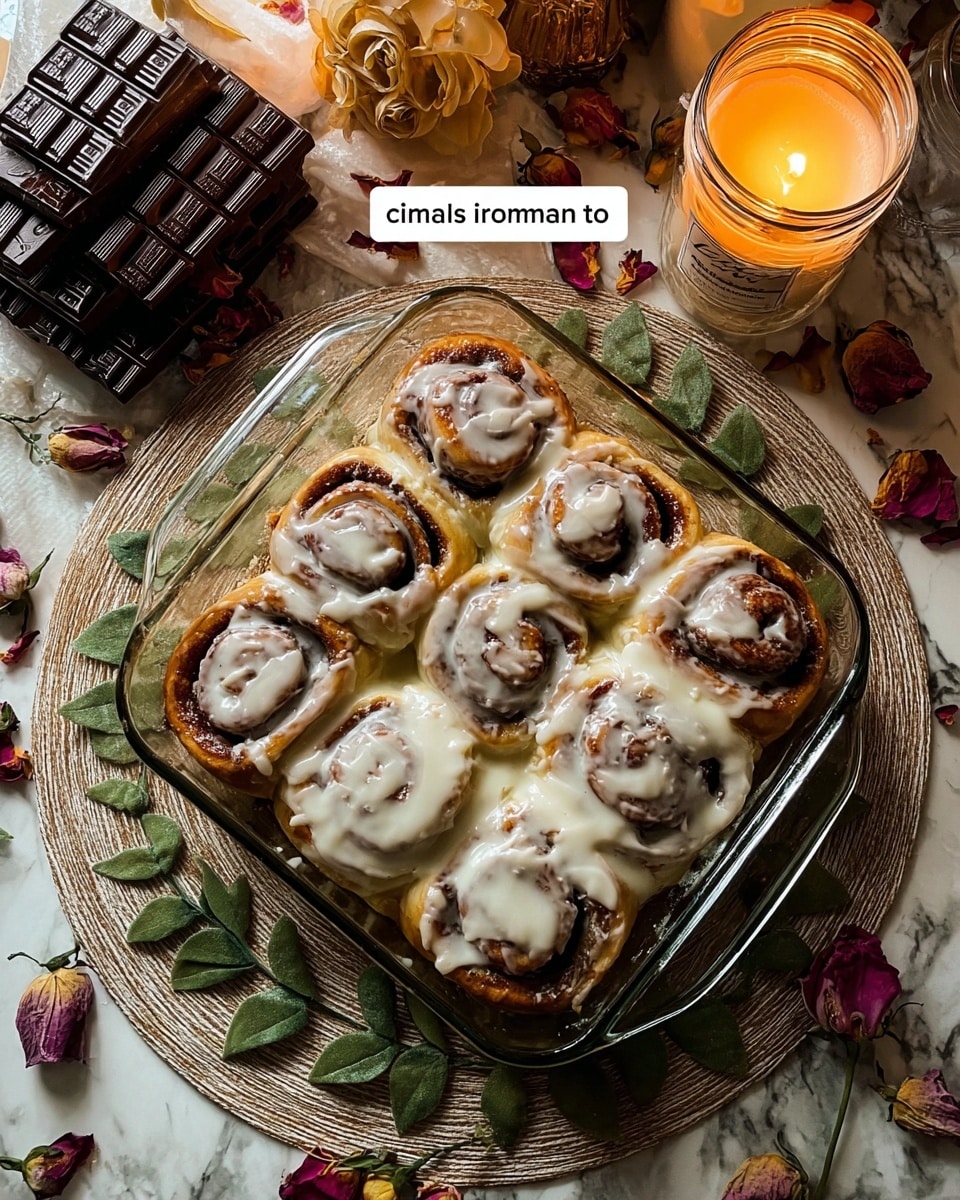 A clear glass square baking dish holds nine cinnamon rolls arranged in a 3x3 grid, each roll showing visible swirls of golden brown dough with a generous layer of creamy white icing spread over the top, partially melting into the rolls. The dish rests on a round woven placemat with green leaves scattered around the edges, placed on a white marbled surface. Around the dish, there are stacked dark chocolate pieces, scattered dried rose petals, and a lit candle in a clear glass jar emitting soft light, creating a warm and cozy atmosphere. Photo taken with an iphone --ar 4:5 --v 7
