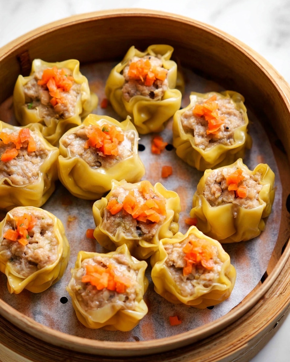 The image shows a bamboo steamer basket filled with multiple pieces of shumai dumplings. Each dumpling has two visible layers: the outer layer is a pale yellow, pleated wrapper that holds the filling, and the inner layer is a light brown pork and mushroom mixture with a slightly chunky texture. On top of each dumpling, there is a small pile of finely diced bright orange carrot pieces that add a pop of color. The dumplings are arranged closely together on a sheet with steam holes visible underneath them. The steamer basket sits on a white marbled surface. photo taken with an iphone --ar 4:5 --v 7