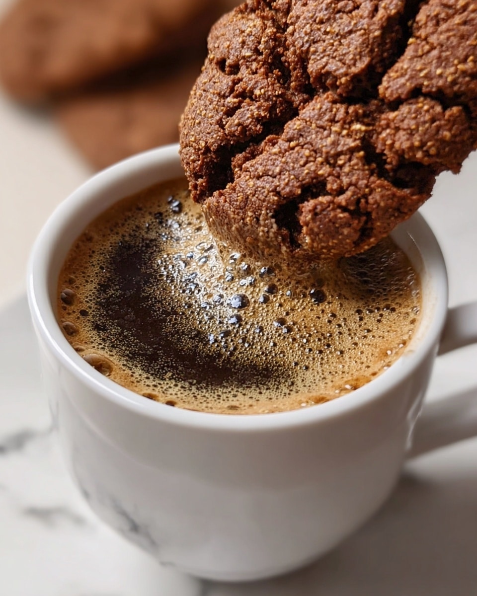 A close-up image shows a white cup filled with dark brown coffee topped with light brown froth. A large, cracked, textured chocolate cookie with a rough surface is being dipped into the coffee, partially submerged and soaking up the frothy layer. The background is a soft white marbled texture. photo taken with an iphone --ar 4:5 --v 7