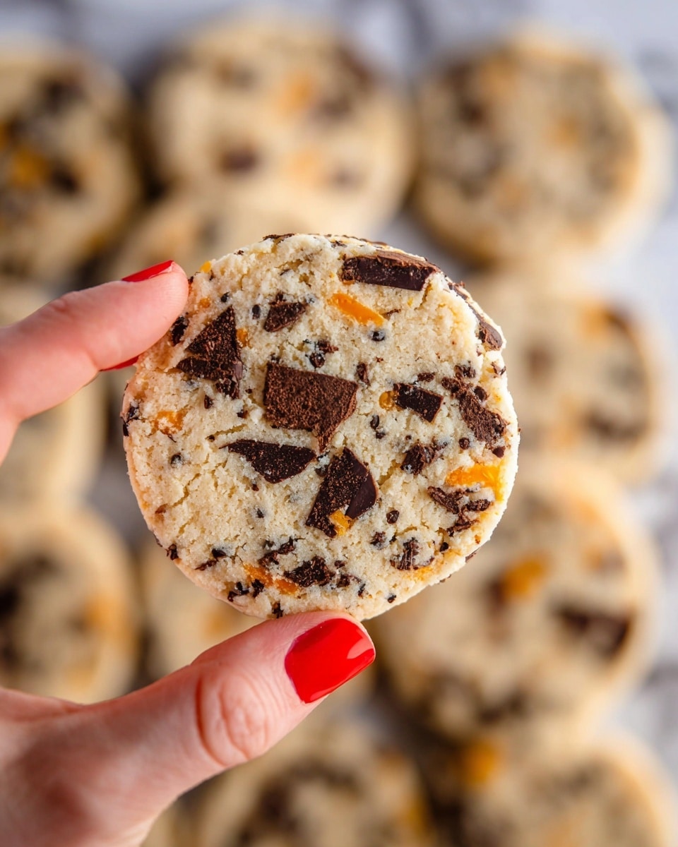A close-up image of a round cookie held by a woman's hand with red-painted nails, showing the cookie's pale beige dough mixed with dark brown chocolate chunks and small bright orange zest specks scattered throughout. In the blurred background, many more cookies of the same kind lay flat on a white marbled surface. The cookie's texture looks soft but firm, with the chocolate pieces slightly melted into the dough. photo taken with an iphone --ar 4:5 --v 7