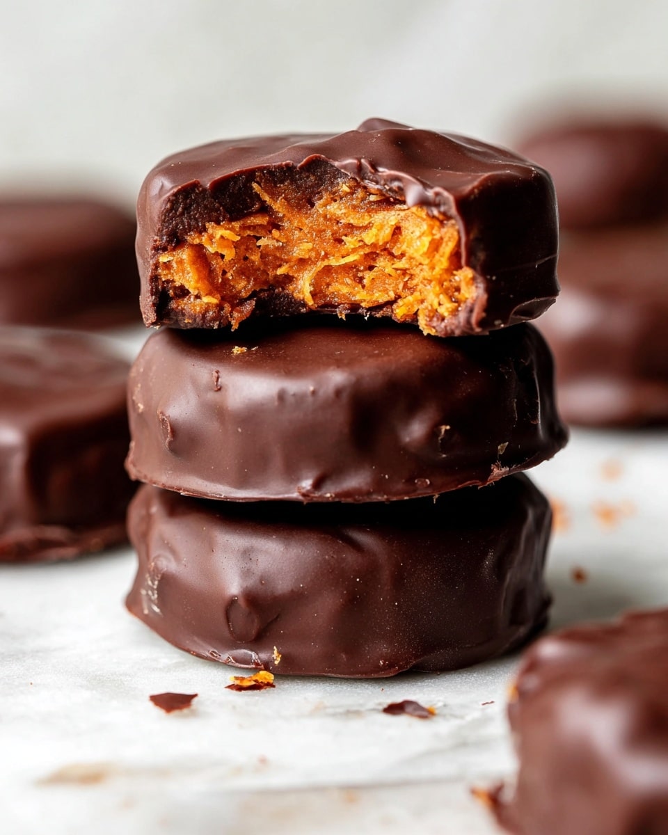 A close-up stack of three round chocolate-covered treats on a white marbled surface, each coated in smooth dark chocolate with a shiny texture; the top treat has a bite taken out, showing an orange, moist, shredded-looking filling inside. The background has additional similar treats, all on the white marbled surface. photo taken with an iphone --ar 4:5 --v 7