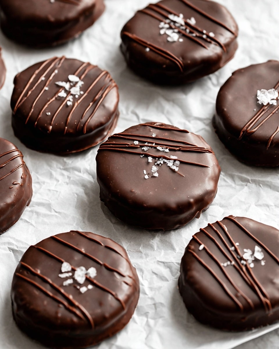 The image shows multiple round chocolate-covered treats placed on a white marbled textured surface with a crinkled white paper beneath them. Each treat has two main layers visible from the side: a dark, smooth chocolate coating covering the outside and a slightly thicker inner layer beneath that holds the shape. Some treats have a drizzle of darker chocolate lines on the top surface, with a few topped with coarse, white sea salt crystals adding texture and contrast. The chocolate coating has a shiny, smooth finish with slight ripples on a few pieces. All treats are evenly spaced and appear fresh and rich. photo taken with an iphone --ar 4:5 --v 7