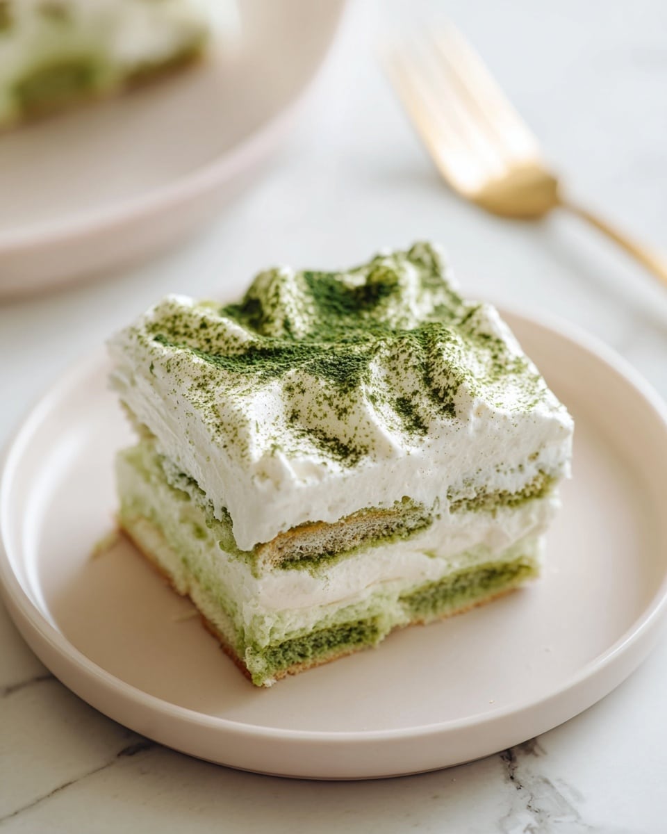 A square slice of tiramisu with two main layers of pale green sponge soaked in matcha, separated by a creamy white layer of whipped cream, is placed on a white round plate; the top layer is thick white cream sprinkled with fine green matcha powder all over, showing soft and fluffy textures with some uneven cream peaks, and there is a gold fork blurred in the background; the setting is on a white marbled surface. photo taken with an iphone --ar 4:5 --v 7