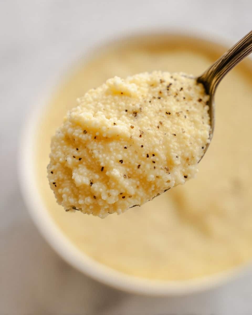 A close-up of a spoon filled with creamy, pale yellow grits that have small black pepper specks scattered throughout, showing a soft and slightly grainy texture. The spoon is held above a blurred bowl filled with the same grits, all set against a white marbled surface. photo taken with an iphone --ar 4:5 --v 7