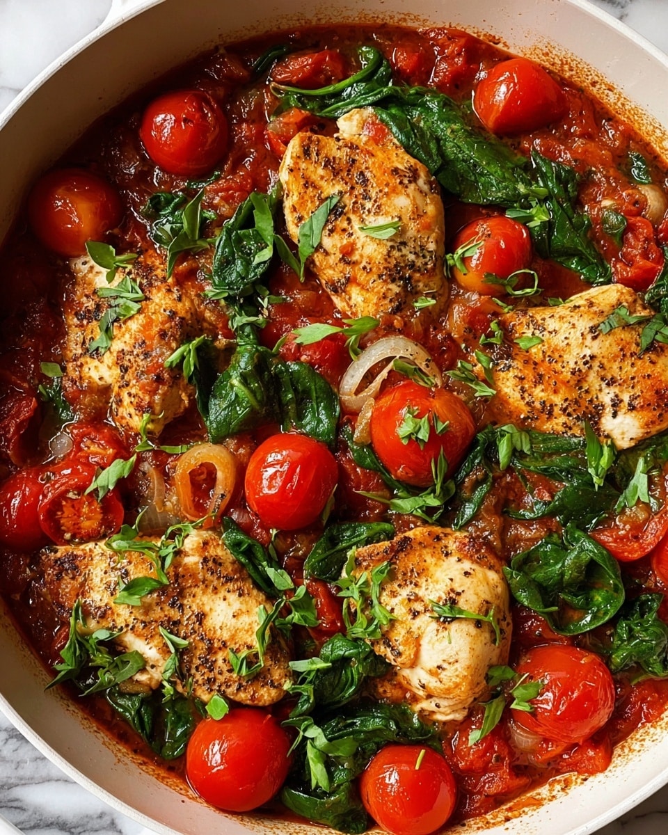 This image shows a close-up of a white saucepan filled with a colorful stew. The base is a chunky red tomato sauce with whole cherry tomatoes and bits of crushed tomato visible. On top are several pieces of browned chicken, each with a light golden color and specks of black pepper. Around the chicken there are bright green spinach leaves and translucent slices of cooked onion. Fresh green herbs are scattered over the whole dish, adding contrast. The textures vary from smooth sauce to tender chicken and soft greens. The background is a white marbled surface. photo taken with an iphone --ar 4:5 --v 7