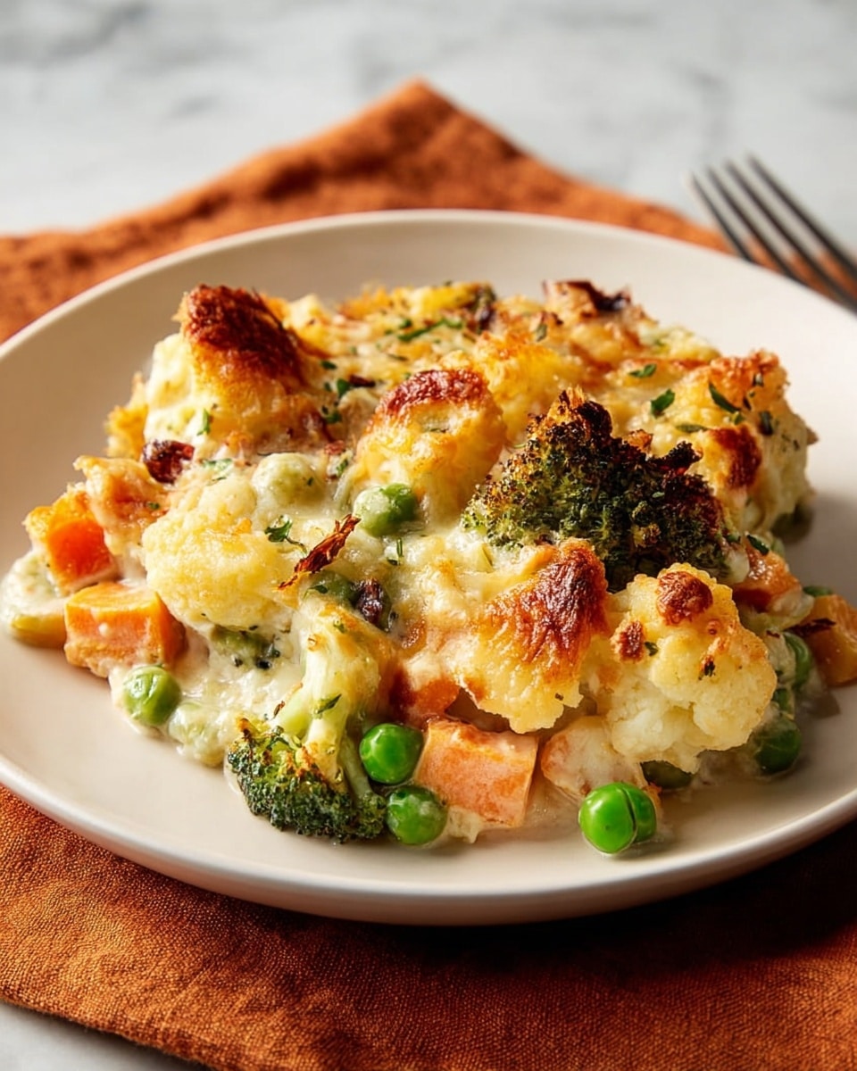 A white plate holds a serving of vegetable casserole with three visible layers: the bottom layer consists of soft orange carrot cubes and bright green peas, the middle layer is a creamy mix of melted cheese with green broccoli florets and small cauliflower pieces, and the top layer is golden brown cheese that is bubbly and slightly crispy with some darker browned spots. The dish looks rich and hearty, sitting on a white marbled texture background with an orange cloth partially under the plate. photo taken with an iphone --ar 4:5 --v 7