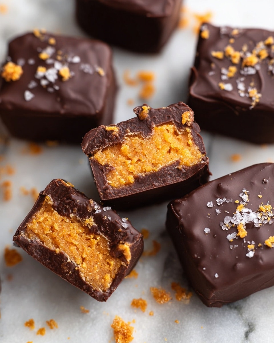 The image shows several square-shaped treats featuring two main layers. The bottom and outer layer is a smooth, shiny dark chocolate coating with a slight texture from light reflections and small salt flakes scattered on top. Inside, the top layer is a bright orange, crumbly, and slightly moist filling mixed with crunchy bits, creating a textured contrast. Some pieces are cut open to reveal the filling’s crumbly texture against the firm chocolate shell. The treats rest on a white marbled surface, with crumbs of the orange filling scattered around, giving a rustic, fresh feel. Photo taken with an iphone --ar 4:5 --v 7