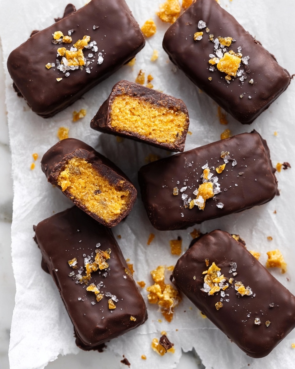The image shows several small rectangular chocolate-covered bars placed on white parchment paper on a white marbled surface. Each bar has a thick, smooth, dark chocolate outer layer that looks slightly textured. Inside, an orange-yellow crumbly filling is visible where two bars are cut open, showing a dense, chewy texture with small crunchy bits. The tops of the bars are sprinkled with golden yellow crunchy pieces and a few flakes of coarse salt. The arrangement is casual, with some crumbs scattered around the bars. photo taken with an iphone --ar 4:5 --v 7