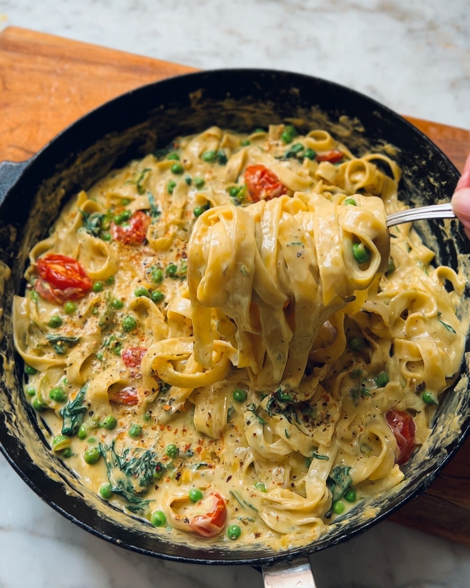A close-up view of a black skillet filled with creamy pasta. The dish has three visible layers: the base layer consists of fettuccine noodles in a creamy, light yellow sauce, mixed with bright green peas and finely chopped red peppers. The middle layer includes wilted dark green spinach leaves scattered throughout the sauce. On top near the surface, small pieces of halved cherry tomatoes add bright red spots of color. A fork held by a woman's hand twirls a portion of the fettuccine, coated in the thick sauce with visible herbs and spices. The skillet sits on a white marbled countertop with a wooden board in the background. photo taken with an iphone --ar 4:5 --v 7