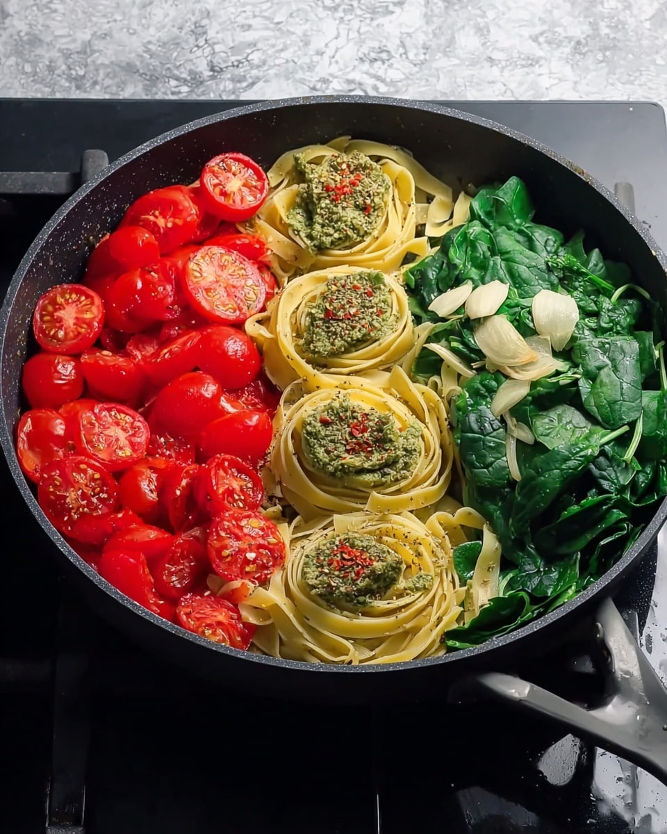 A large black pan is filled with three distinct sections of ingredients arranged side by side. On the left, there are many bright red sliced cherry tomatoes with some sliced garlic scattered on top. In the middle, three small nests of pale yellow fettuccine pasta are topped with green dollops of pesto sauce sprinkled with red pepper flakes and dried herbs. On the right, there is a pile of fresh dark green spinach leaves mixed with sliced garlic and similar seasoning. The pan is on a black stove with a white marbled texture surface around it, and ingredients appear to be seasoned with dried herbs throughout. Photo taken with an iphone --ar 4:5 --v 7