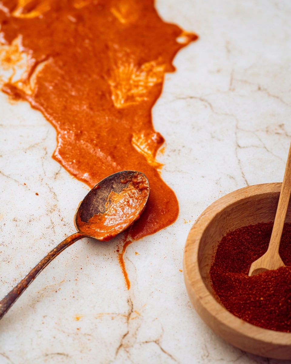 A close-up image shows a tarnished metal spoon with a thick, smooth reddish-orange sauce or paste on it, leaving a wide smear flowing down on a scratched white marbled surface. To the right, there is a wooden bowl filled with a dark red powdery spice, with a small wooden spoon resting on top. The scene focuses on the rich texture and vibrant colors of the sauce and spice, contrasting with the worn, textured white marbled background. photo taken with an iphone --ar 4:5 --v 7