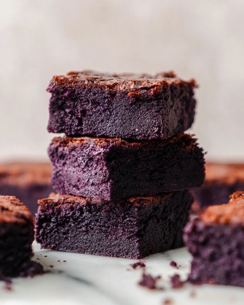 The image shows three square pieces of dark purple brownies stacked on each other in the middle, with a rough textured top layer in a lighter purple shade that is slightly cracked. The brownies have a dense, moist interior that looks soft and rich, with crumb bits scattered around on a white marbled surface. Additional pieces of brownies with the same colors and textures are placed around the stack, some partially in frame. The background is blurred with a smooth, light tone, keeping the focus on the brownies. photo taken with an iphone --ar 4:5 --v 7