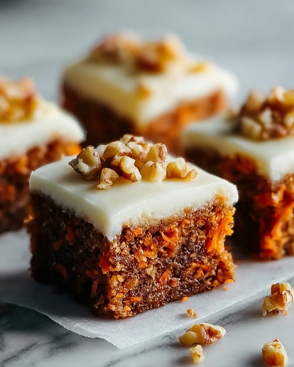 The image shows a close-up of three square pieces of carrot cake placed on white parchment paper over a white marbled surface. Each cake has two distinct layers: the bottom layer is a moist, dense cake with visible bits of orange carrot and nuts in a dark brown color. The top layer is a thick, creamy white frosting that covers the carrot cake fully. On top of the frosting, there are small chopped walnuts scattered evenly, adding a crunchy texture and light brown color contrast. The background is softly blurred with a white marbled texture. photo taken with an iphone --ar 4:5 --v 7