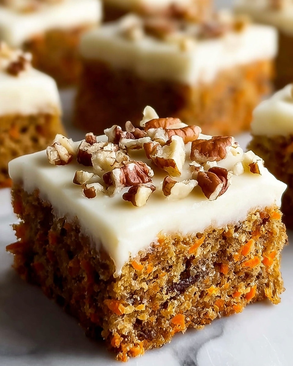 A close-up view of a moist carrot cake square with two layers: the bottom layer is dense and textured with dark orange and brown bits, showing shredded carrot and nuts inside, while the top layer is smooth, thick, and creamy white frosting. On top of the frosting, there is a generous sprinkle of chopped pecans in light and dark brown shades. The cake is set against a white marbled surface, with other similar squares blurred in the background. Photo taken with an iphone --ar 4:5 --v 7