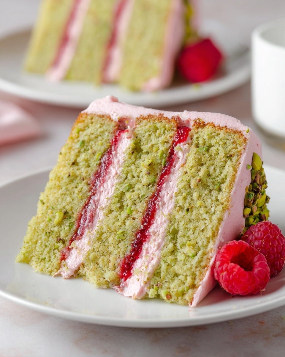 The image shows a slice of three-layer green pistachio cake with two layers of bright red raspberry filling and light pink frosting between each cake layer and covering the outside. The green cake layers are moist with tiny bits of pistachio visible inside. The red filling looks smooth and jam-like, and the pink frosting is creamy with a slightly textured finish. The cake slice is placed on a white plate, sitting on a white marbled surface, with a fresh raspberry in front. A second slice on a white plate is blurred in the background. Photo taken with an iphone --ar 4:5 --v 7