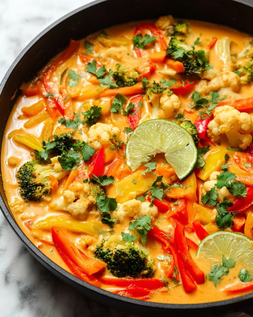 A close-up view of a thick vegetable curry in a black pan, showing a creamy orange-yellow sauce as the base layer, filled with colorful vegetable pieces; the vegetables are cut into medium chunks including bright red and yellow bell peppers, green broccoli florets, white cauliflower pieces, and thin carrot sticks, scattered evenly throughout the sauce. Fresh green cilantro leaves are sprinkled on top and two lime slices are placed near the edge inside the pan. The texture looks smooth and rich with vibrant mix of colors from the vegetables contrasting against the sauce, all set on a white marbled surface. photo taken with an iphone --ar 4:5 --v 7