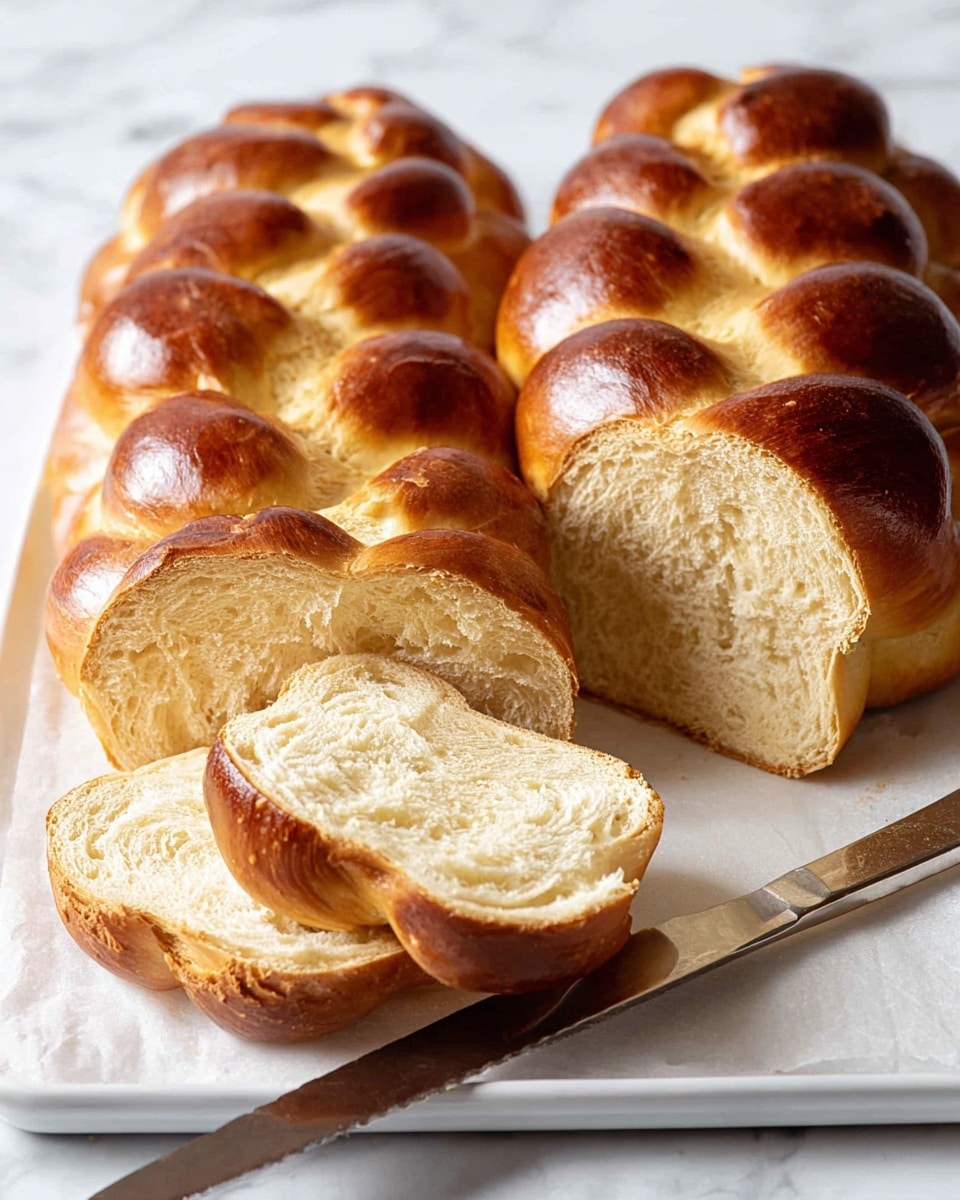 The image shows two braided challah breads with a shiny, deep golden-brown crust placed on a white tray over a white marbled surface. One bread is whole, while the other is cut in half, revealing the soft and light beige inside with a fluffy texture. The braids have thick, rounded strands that create a woven pattern on top. A silver knife lies across the tray in front of the bread. The lighting is soft and natural, highlighting the smooth, glossy crust and the airy inside. Photo taken with an iphone --ar 4:5 --v 7