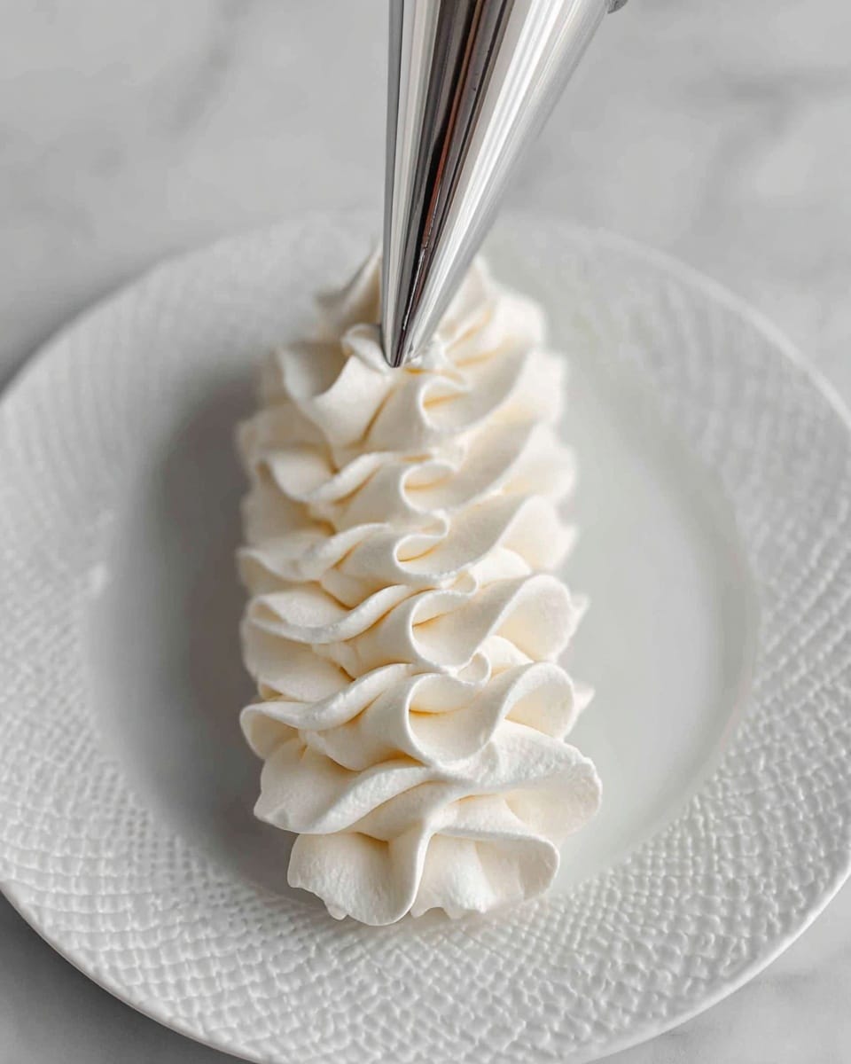 A close-up view of light creamy white whipped cream being piped in a wavy, flowing pattern from a silver metal nozzle onto a white plate with textured edges. The whipped cream forms a thick, soft, and fluffy single layer with gentle curves and small ridges, showing its smooth and airy texture. The scene is set against a white marbled surface, highlighting the delicate cream design. photo taken with an iphone --ar 4:5 --v 7