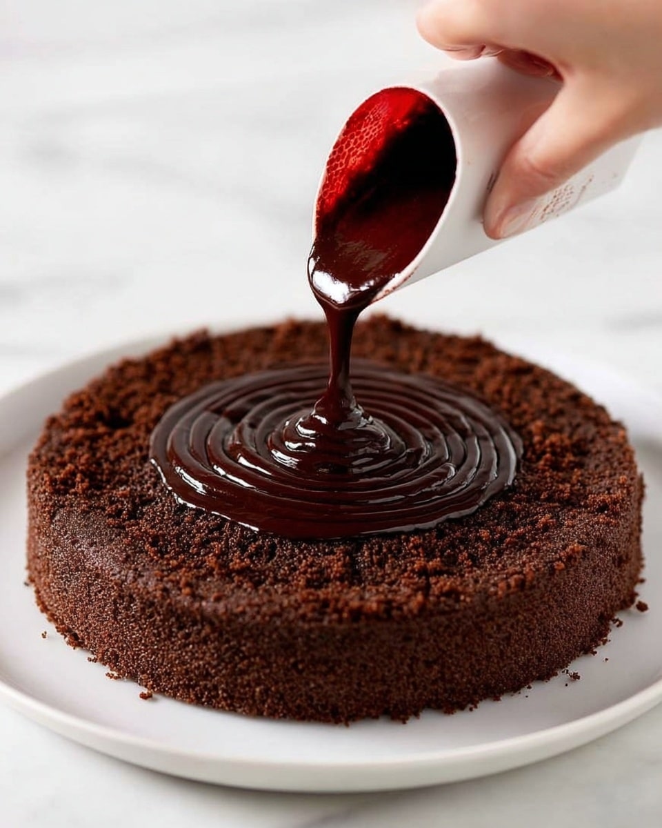 A single-layer round chocolate cake with a rough, slightly cracked top covered in a glossy dark chocolate glaze. The cake has a rich, dense texture and is set on a plain white plate. The background is a white marbled texture, with a blurred bottle of chocolate sauce in the back. photo taken with an iphone --ar 4:5 --v 7