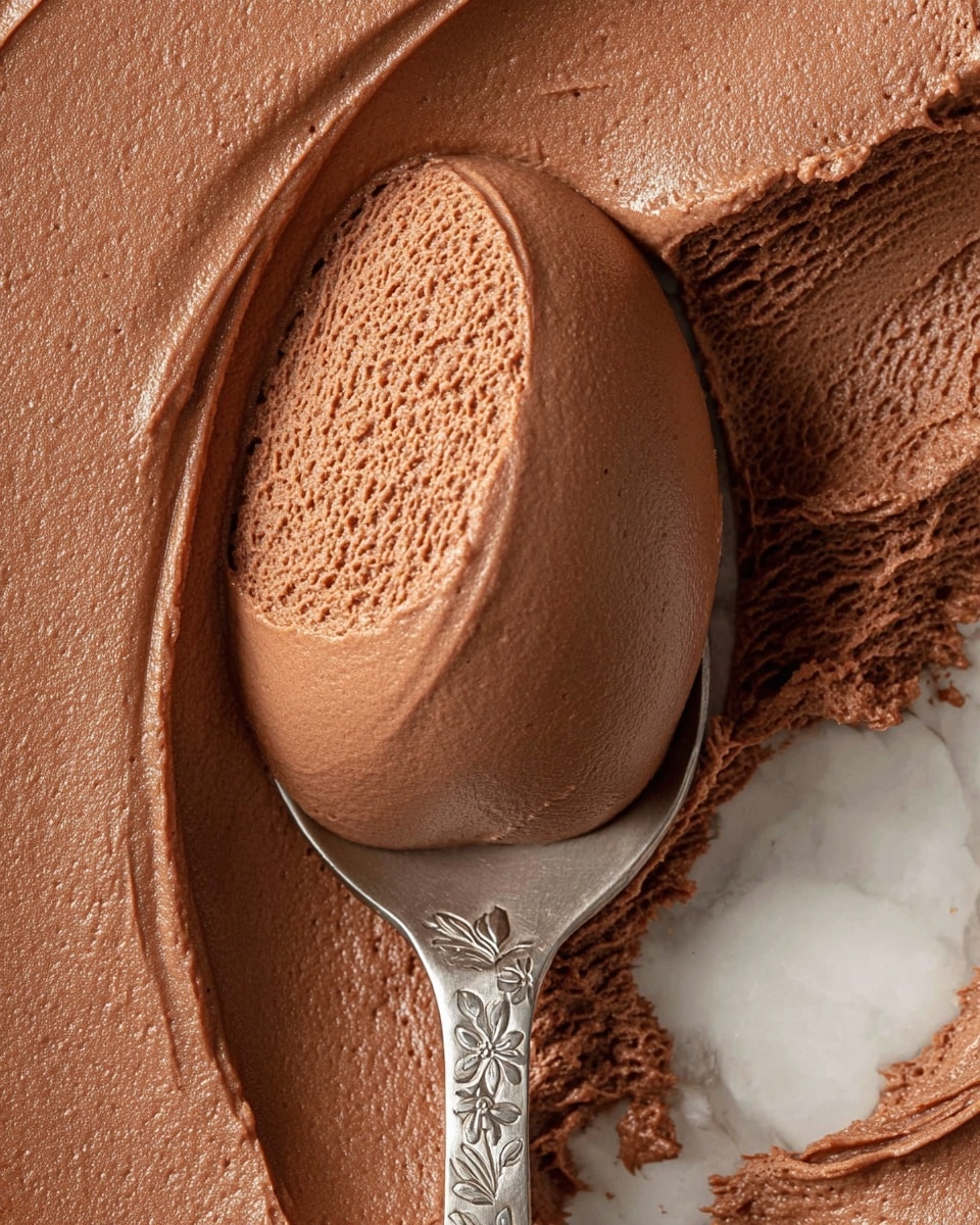 A close-up view of a creamy, smooth chocolate mousse being scooped with a silver spoon that has floral engravings on the handle. The mousse is thick and glossy with a rich brown color, showing both smooth and aerated textures at the edges where it has been stirred. The background is a white marbled surface, enhancing the rich chocolate tones. photo taken with an iphone --ar 4:5 --v 7
