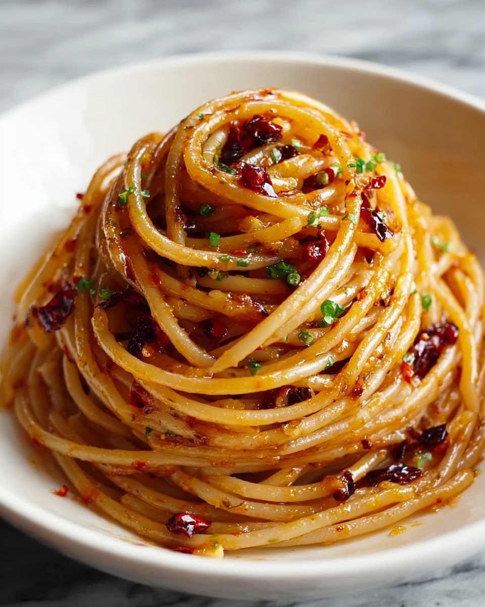 A white bowl holds a single serving of spaghetti arranged in a round, tall nest. The spaghetti is coated in a glossy, reddish-brown sauce with visible small pieces of red chili peppers and specks of finely chopped green herbs sprinkled on top. The noodles have a shiny texture with some darker caramelized spots, showing a mix of smooth and slightly crispy surfaces. The background is a white marbled texture. photo taken with an iphone --ar 4:5 --v 7