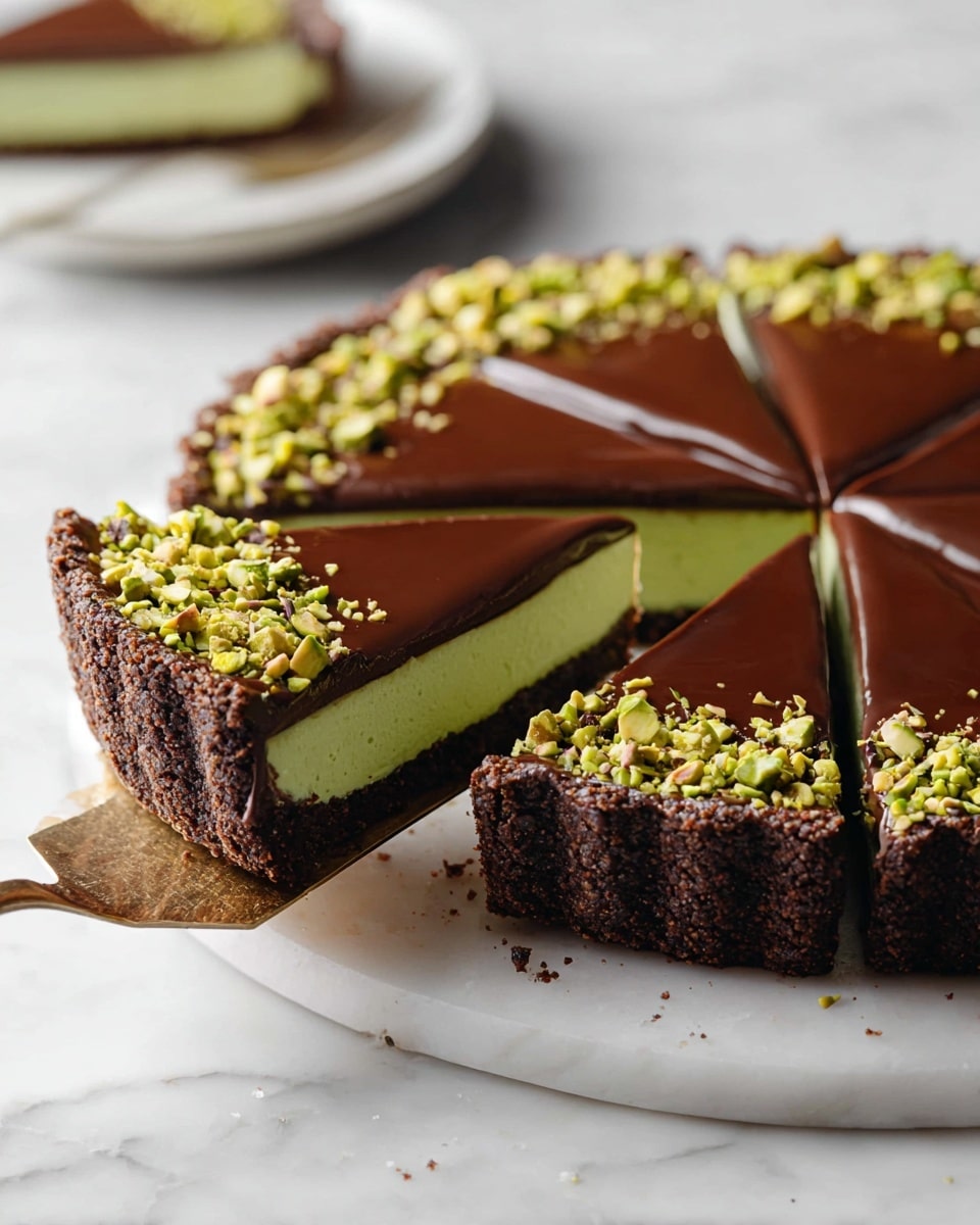 A tart with three visible layers is shown on a white marble textured surface; the bottom layer is a dark brown, crumbly crust, the middle layer is a smooth light green filling, and the top layer is a thick, glossy chocolate ganache. Around the edge of the tart, finely chopped green nuts are placed in a ring, adding texture and color contrast. A slice is being lifted by a spatula, revealing the clean, even layers and the texture of the crust and filling. The tart is sliced into multiple pieces, all neatly cut. Photo taken with an iphone --ar 4:5 --v 7