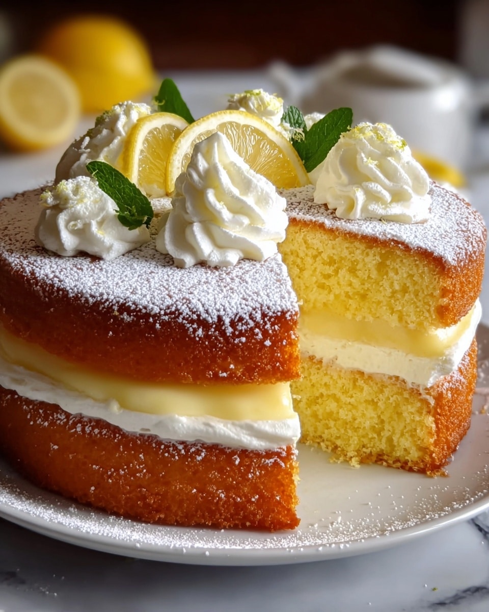 A two-layer round yellow sponge cake is shown with a slice taken out, revealing fluffy texture inside. Between the layers, there is a thick white cream layer and a creamy yellow filling layer, both smooth and soft. The top of the cake is dusted with white powdered sugar and decorated with white whipped cream swirls, fresh lemon slices, and small green leaves. The cake sits on a white plate on a white marbled surface. photo taken with an iphone --ar 4:5 --v 7