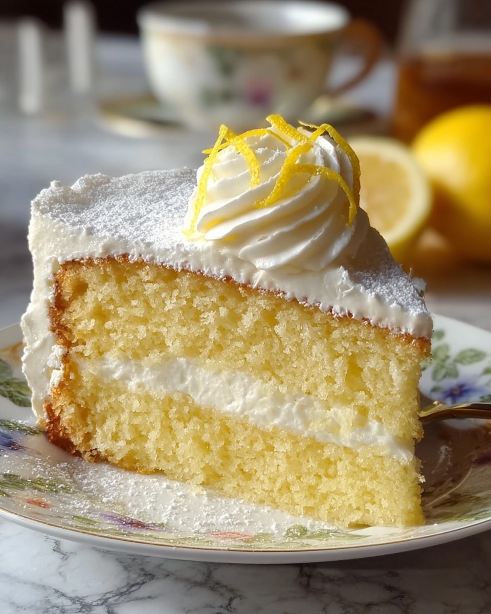 A slice of lemon cake with two yellow sponge layers and a thick white cream filling in the middle. The top layer is covered with smooth white frosting, lightly dusted with powdered sugar. On top, there is a swirl of whipped cream with thin yellow lemon zest strips. The cake sits on a white plate with a floral border, resting on a white marbled surface. In the background, a blurred lemon and a white cup with a saucer are visible. Photo taken with an iphone --ar 4:5 --v 7