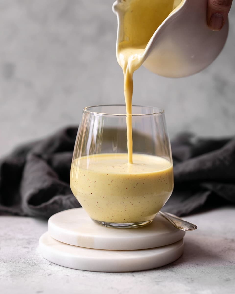 A clear glass with a round bottom holds a thick creamy yellow liquid with tiny dark specks, about halfway full; a white pitcher is held by a woman's hand above it, pouring the same creamy liquid in a steady stream. The glass sits on two stacked round white marble coasters, placed on a white marbled textured surface with a soft black cloth loosely folded in the background. The lighting is soft and natural, highlighting the smooth texture and subtle flecks within the liquid. Photo taken with an iphone --ar 4:5 --v 7