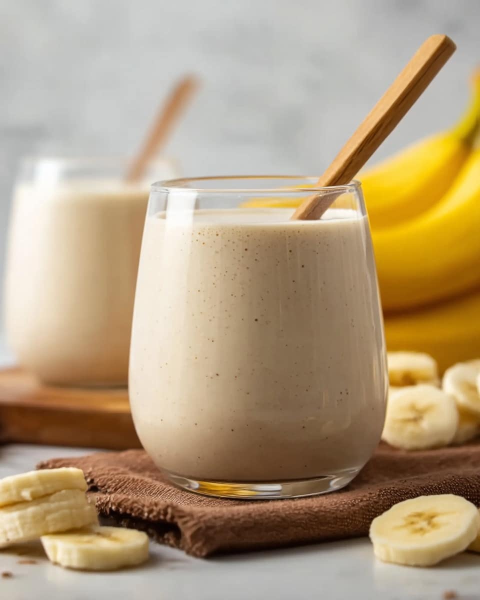 A close-up view of a glass filled with a thick, creamy banana smoothie that has a light beige color with tiny dark specks throughout. A wooden spoon is placed inside the smoothie, leaning against the rim of the clear glass. In the blurred background, there is another similar glass with the same smoothie and wooden spoon, along with whole ripe yellow bananas and slices of banana scattered on a brown cloth and wooden board. The scene is set against a white marbled texture surface. photo taken with an iphone --ar 4:5 --v 7