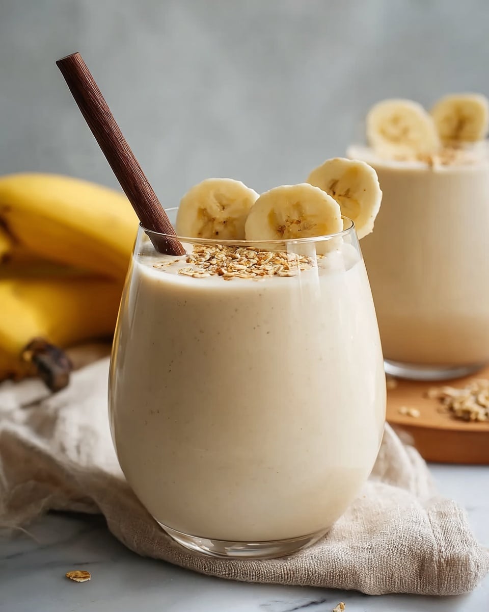 A creamy pale beige banana smoothie fills a clear rounded glass, topped with a sprinkling of light brown granola or oats. Two pale yellow banana slices are placed on the rim of the glass. A dark wooden straw stands inside the glass. In the background, there is a second glass with a similar smoothie and banana slice, and a ripe banana lies on a neutral cloth beside the glass. The whole scene is set on a white marbled surface. photo taken with an iphone --ar 4:5 --v 7